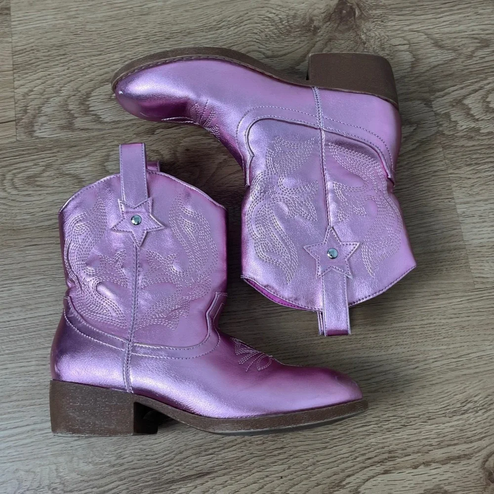 Metallic Pink Western Cowboy Boots Kids Size 2 Star Pull Tab Faux Leather